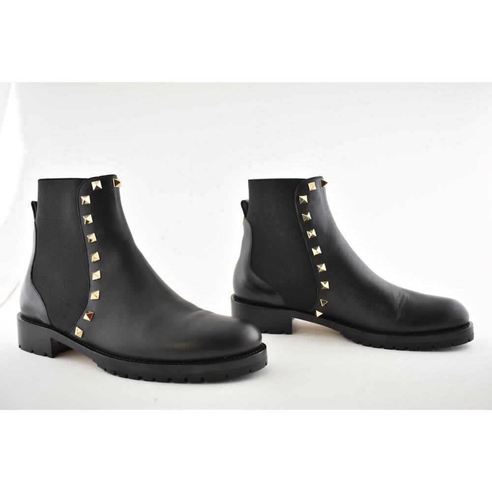 Valentino Rockstud Chelsea 20mm Black Leather Stud Heel Short Ankle Flat Boot 37 - Picture 4 of 12